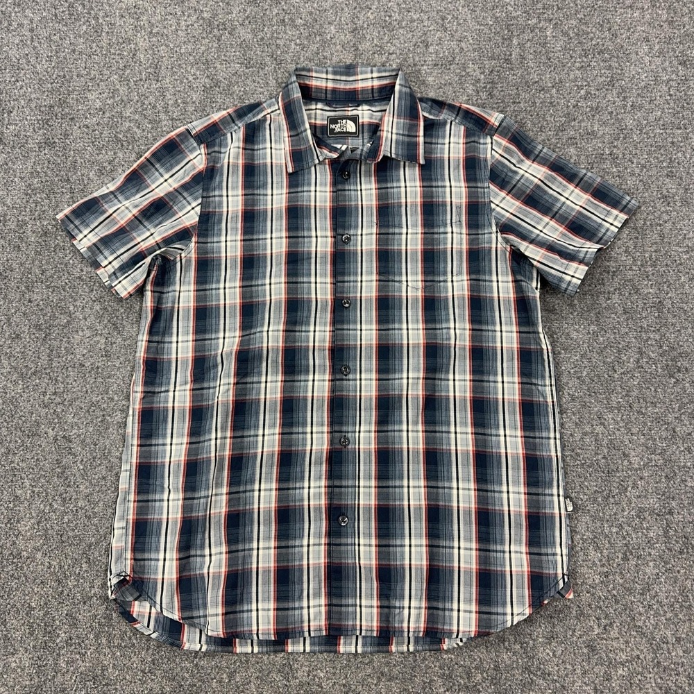The North Face Shirt Mens L‎ Blue Plaid Cotton Polyester Short Sleeve Button Up